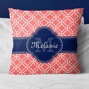 Coral Pink White Moroccan Pattern Navy Monogram Cushion