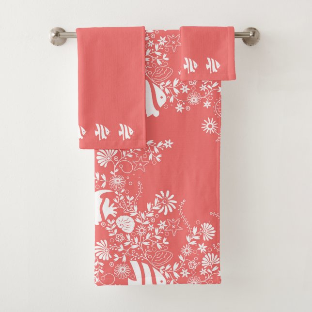 Coral Pink White Ocean Life Pattern Bath Towel Set (Insitu)