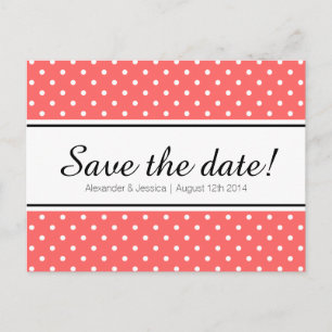 Coral pink & white polkadot save the date postcard
