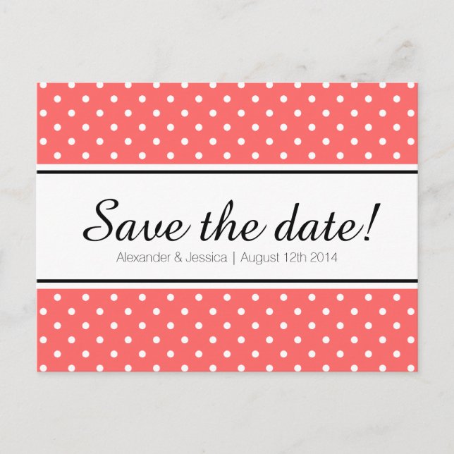Coral pink & white polkadot save the date postcard (Front)