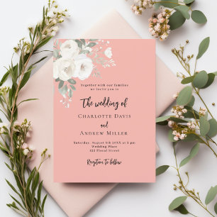 Coral pink white roses florals wedding invitation
