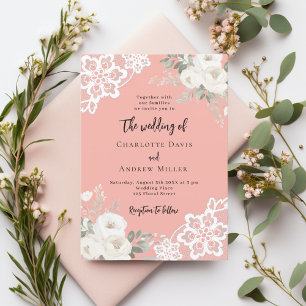 Coral pink white roses lace wedding invitation