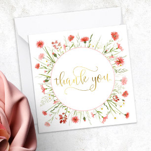 Coral Pink Wildflower Gold Script Thank You Card