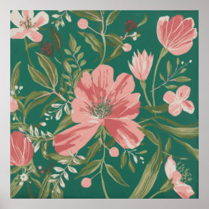 Coral Pink Wildflowers on Teal Botanical Art Poster
