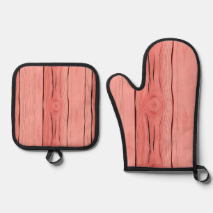 Coral Pink Wood Grain Rustic Farmhouse Texture Oven Mitt & Pot Holder Set