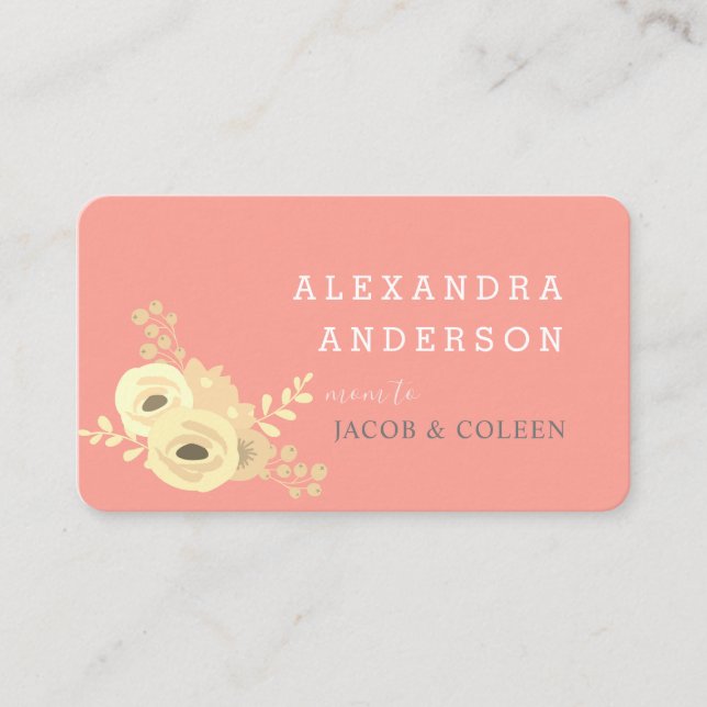 Coral Pink Yellow Rose Floral Mummy Business Card (Front)