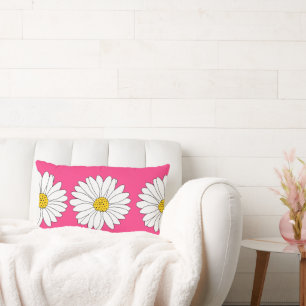 Coral Pink Yellow White Daisy Pattern Lumbar Cushion