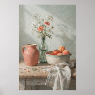 Coral Pitcher and Peaches Still Life Poster