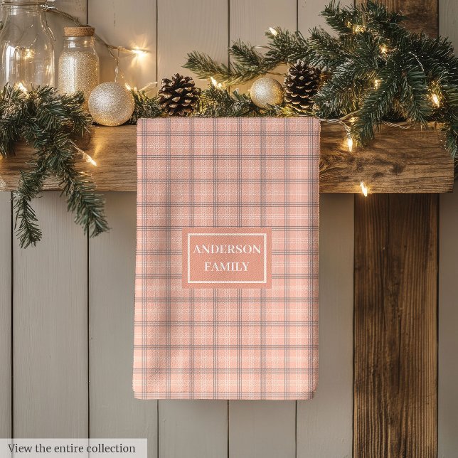 Coral Plaid Dish Towel Custom Name Chic Accent (Coral Plaid Dish Towel Custom Name Chic Accent)