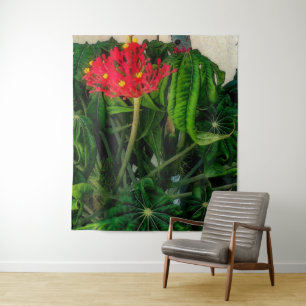 Coral Plant Leaves and Flowers Tapestry