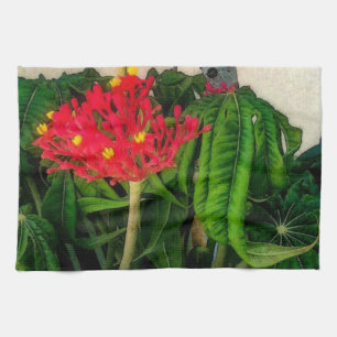 Coral Plant Leaves and Flowers Tea Towel