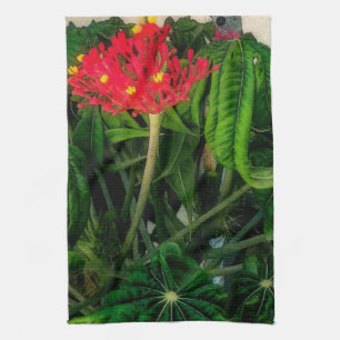 Coral Plant Leaves and Flowers V Tea Towel