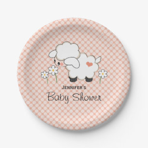 Coral Polka Dot Lamb Baby Shower Paper Plate