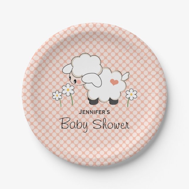 Coral Polka Dot Lamb Baby Shower Paper Plate (Front)