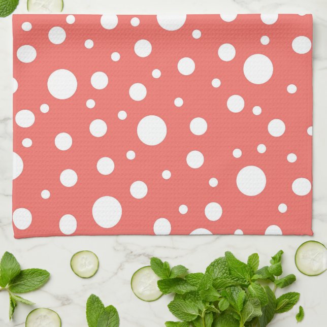 Coral Polka Dot Tea Towel (Folded)