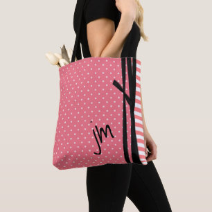 Coral Polka Dots and Stripes Monogrammed Tote Bag