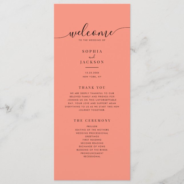 Coral Pop Modern Minimalist Wedding Program (Front)