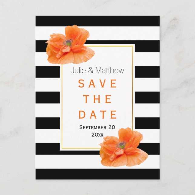 Coral poppies and stripes wedding Save the Date Announcement Postcard (Front)