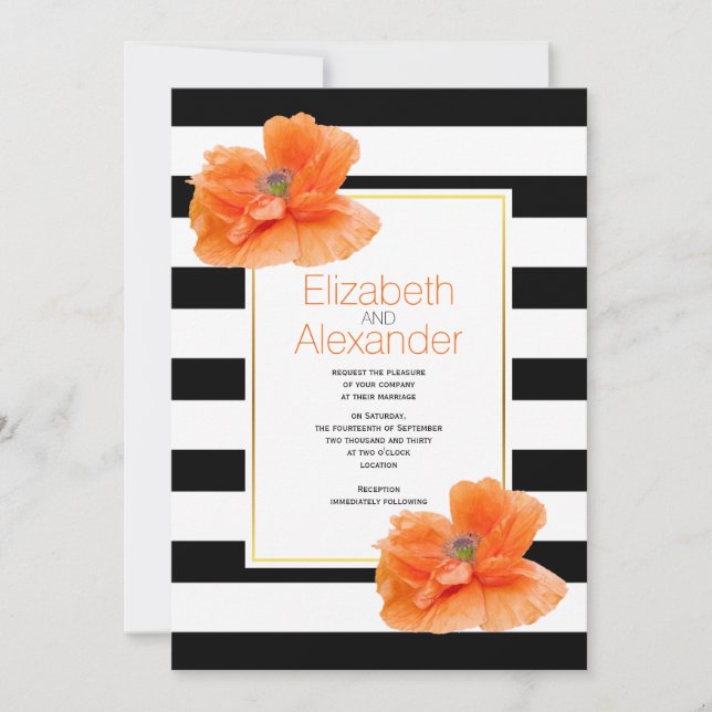 Coral poppies, black white stripes floral wedding invitation (Front)