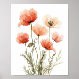 Coral Poppies Watercolor Floral Wall Art