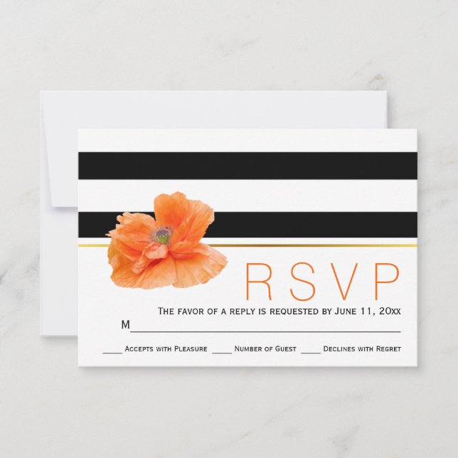 Coral poppy, black white stripes wedding RSVP Card (Front)