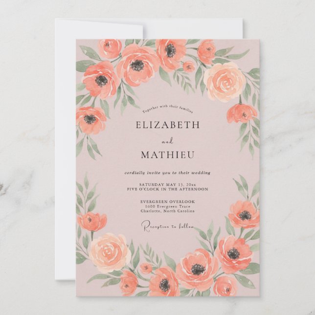 Coral Poppy Leafy Wedding Invitation (Front)