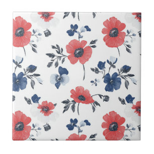 Coral Poppy Navy Blue Floral Botanical Ceramic Tile