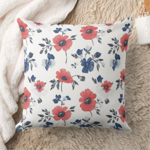 Coral Poppy Navy Blue Floral Botanical Cushion