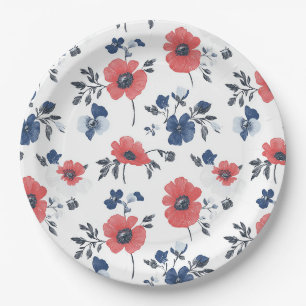 Coral Poppy Navy Blue Floral Botanical Paper Plate