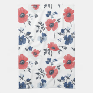 Coral Poppy Navy Blue Floral Botanical Tea Towel