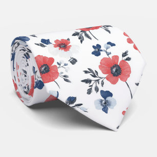 Coral Poppy Navy Blue Floral Botanical Tie