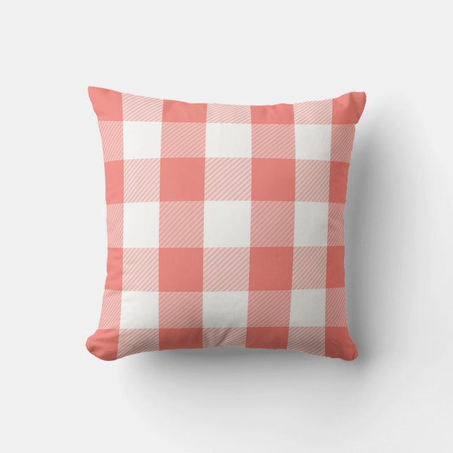 Coral | Preppy Buffalo Check Plaid Pattern Cushion (Front)