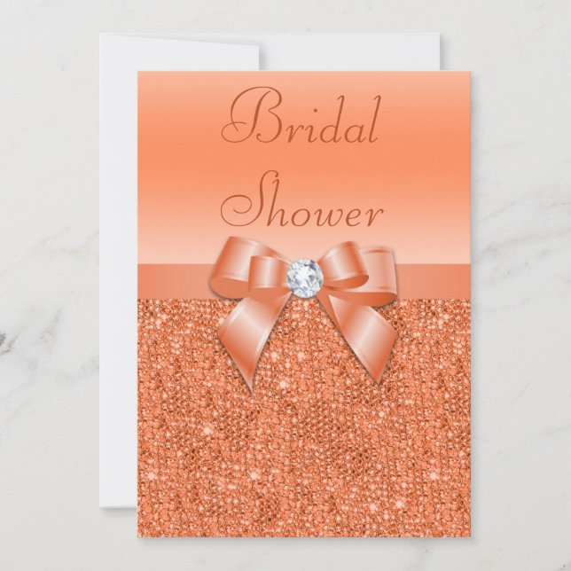 Coral Printed Sequins Bow & Diamond Bridal Shower Invitation (Front)