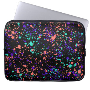coral purple green on black paint splashes laptop sleeve