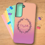 Coral Purple Ombre Wreath Encircled Monogram Name  Samsung Galaxy Case<br><div class="desc">This chic phone case features a shade of purple and coral ombre background with initial letter monogram enclosed in a matching colour wreath. Personalise the case in the text fields with a name and initial, remove both or one item or edit using the design tool to select a font style,...</div>