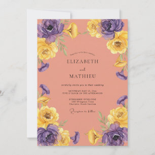 Coral Purple Ranunculus Eucalyptus Wedding Invitation