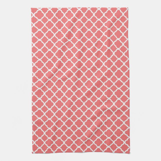 Coral Quaterfoil Latti Monogram Kitchen Dish Towel (Vertical)