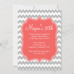 Coral Quatrefoil Chevron Birthday Invitation