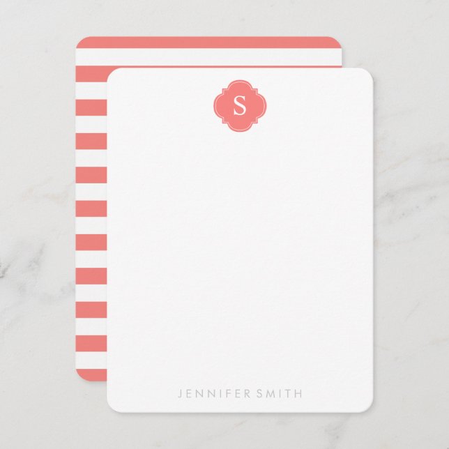 Coral Quatrefoil Monogram and Stripes Note Cards (Front/Back)
