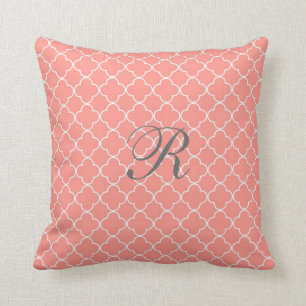 Coral Quatrefoil Pattern Monogram Pillow