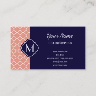 Coral Quatrefoil Pattern with Monogram Business Card