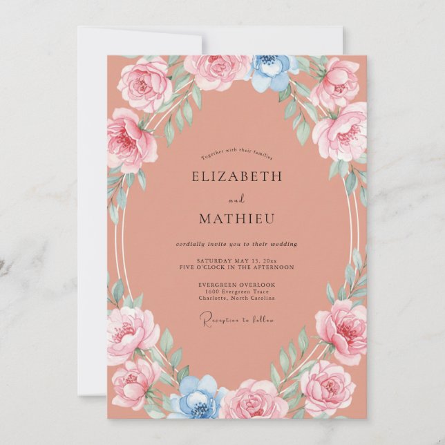 Coral Ranunculus Wreath Wedding Invitation (Front)