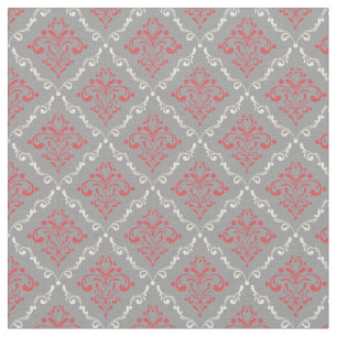 Coral Red and Cream Damask on Silver Grey Fabric