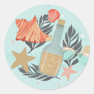 Coral Red and Mint Beach Bottle and Seashells Classic Round Sticker
