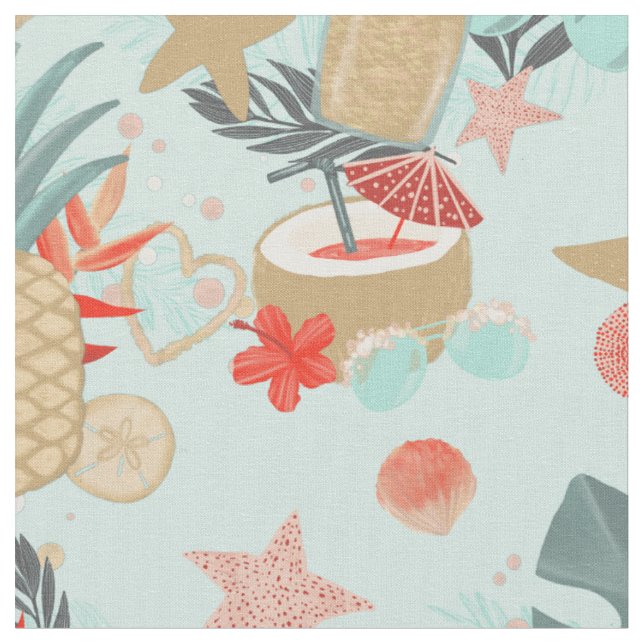 Coral Red and Mint Beach Pattern Fabric (Close Up)