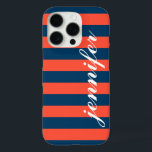 Coral Red and Navy Stripes Custom Script Monogram iPhone 16 Pro Case<br><div class="desc">Dress up and protect your iphone with a preppy,  modern and bold striped pattern design that is custom monogrammed with your first name in a lowercase script font.  Dark navy / indigo blue and coral orange red horizontal stripes contrasted with white text.</div>