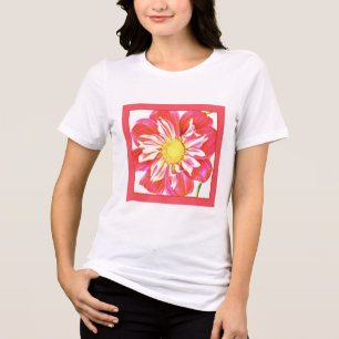 Coral red and white striped dahlia print Tri-Blend shirt