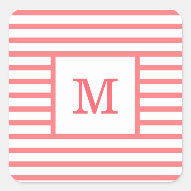 Coral Red and White Stripes Custom Monogram Square Sticker (Front)