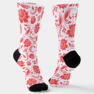 Coral red and white vintage floral damasks pattern socks