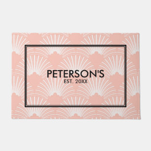 Coral-red art-deco geometric pattern doormat